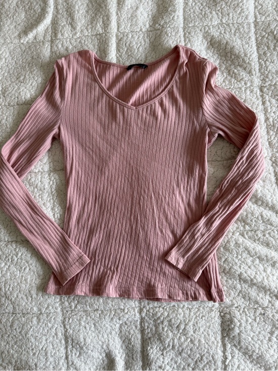 SHEIN Tops - SHEIN Dusty Rose Ribbed V‑Neck Long Sleeve Top